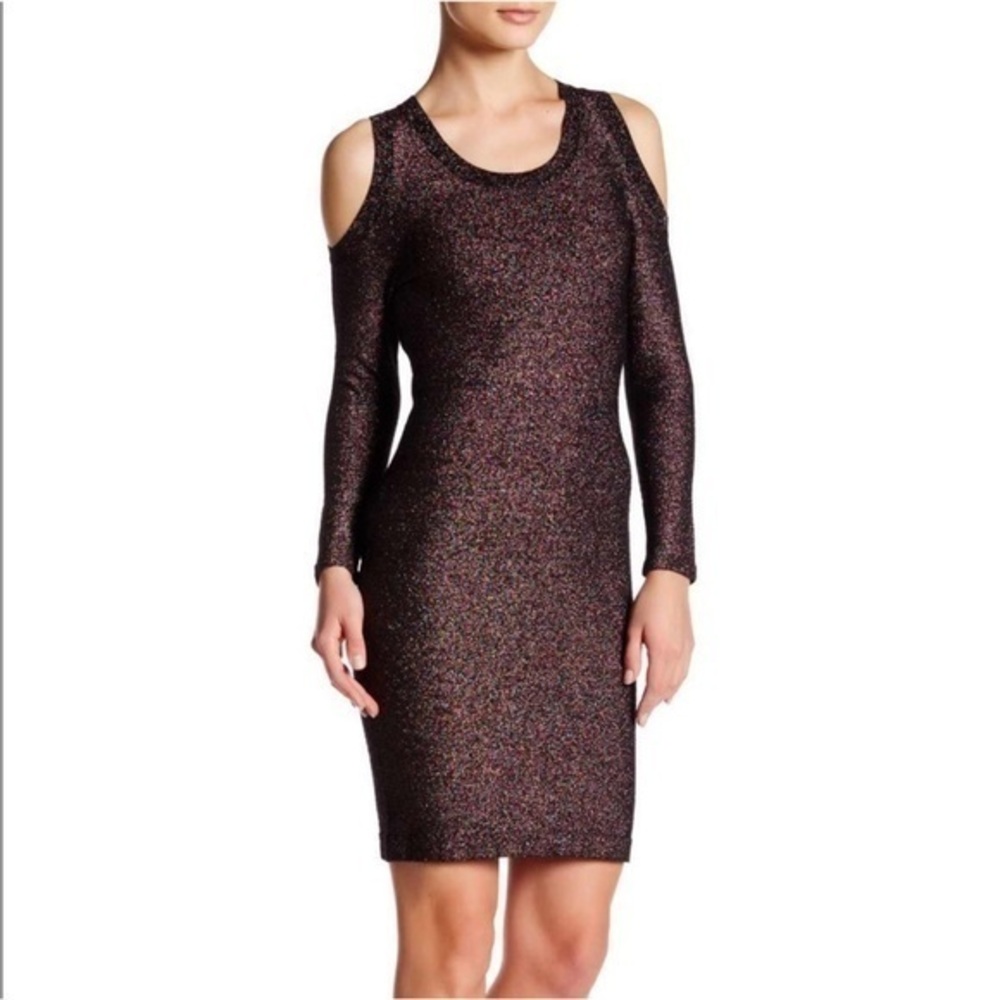 Rebecca Minkoff Claude Metallic Glitter Black Long Sleeve Cold Shoulder Dress